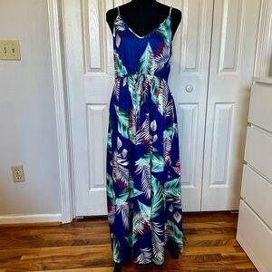 Huskary Large Tropical Leaf Maxi Dress Blue Sleeveless Summer